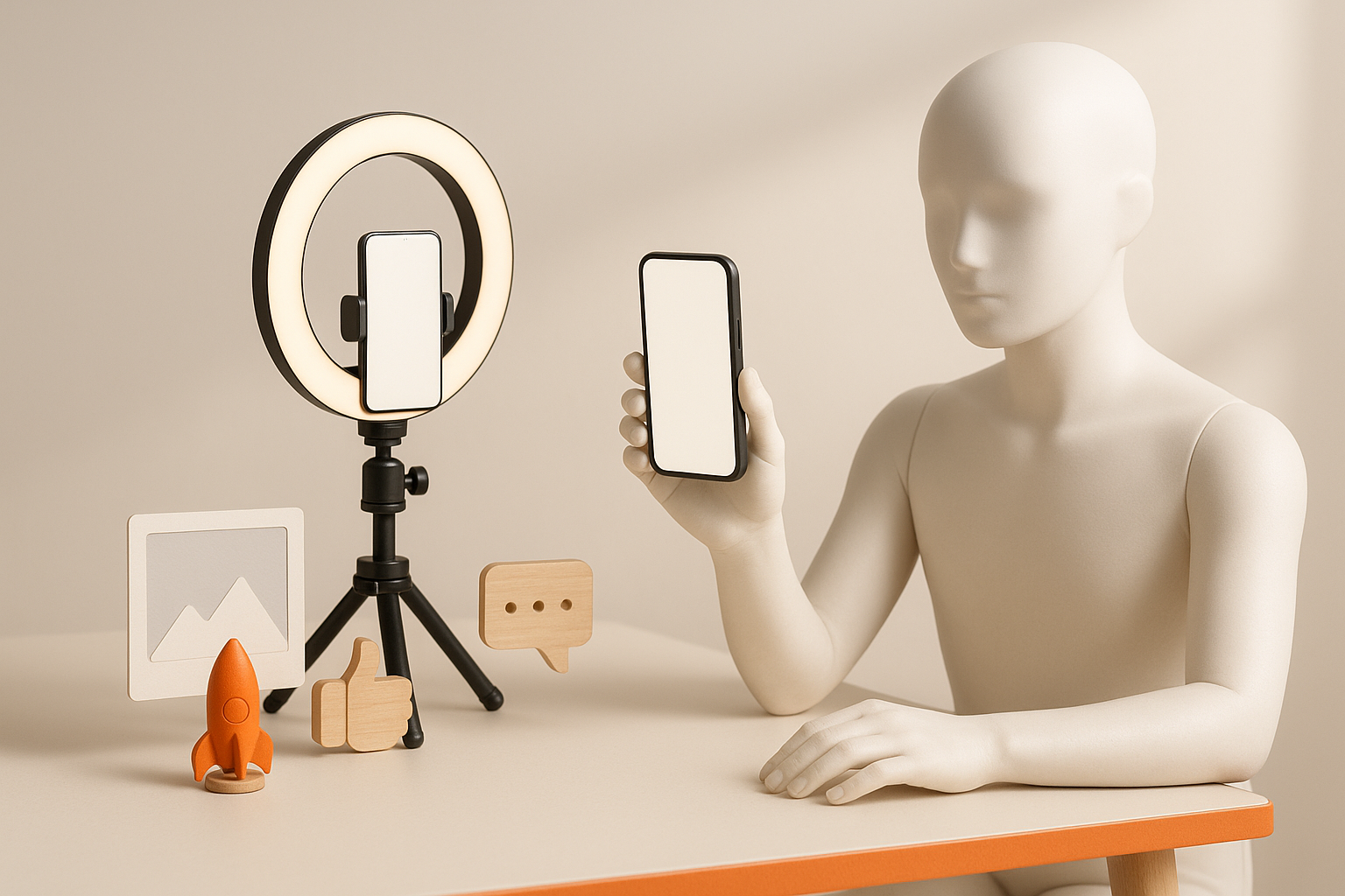 A wall of small framed phone screens around one faceless mannequin holding a phone, bright studio, orange accents