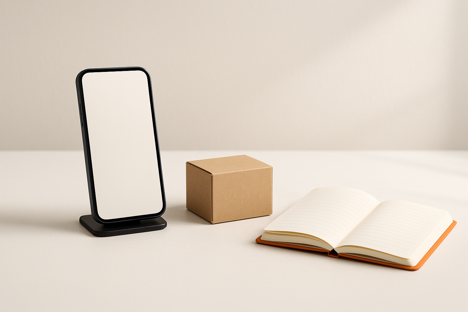 Phone on a stand, product box and notebook arranged on a bright table