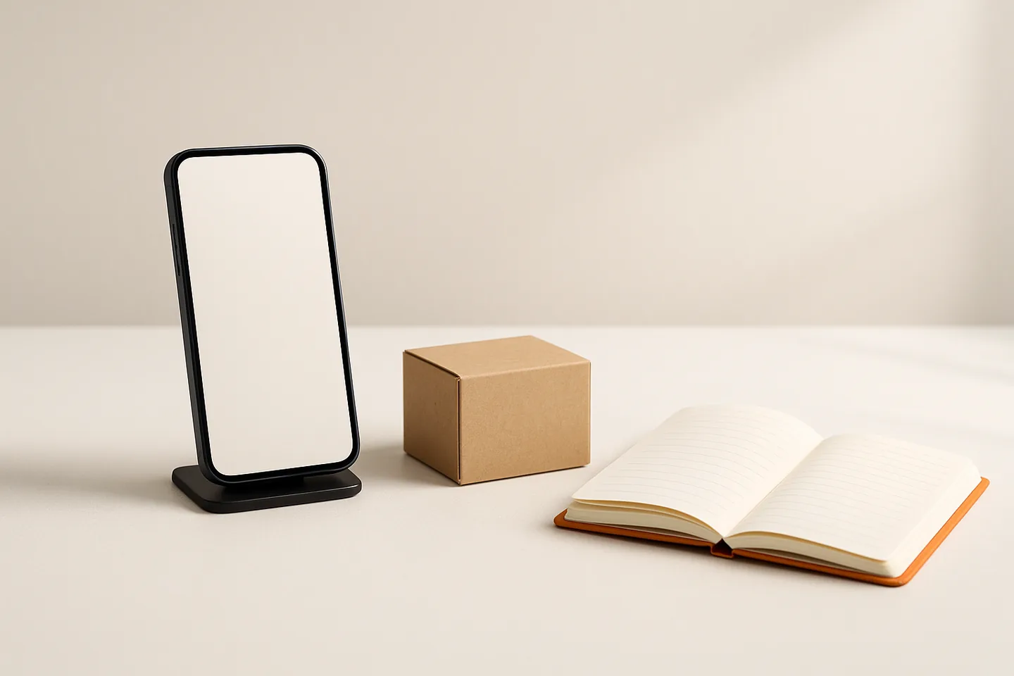 Phone on a stand, product box and notebook arranged on a bright table