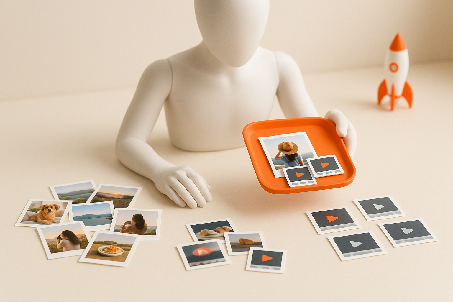 Small photo prints sorted into piles on a bright table, one pile on an orange tray