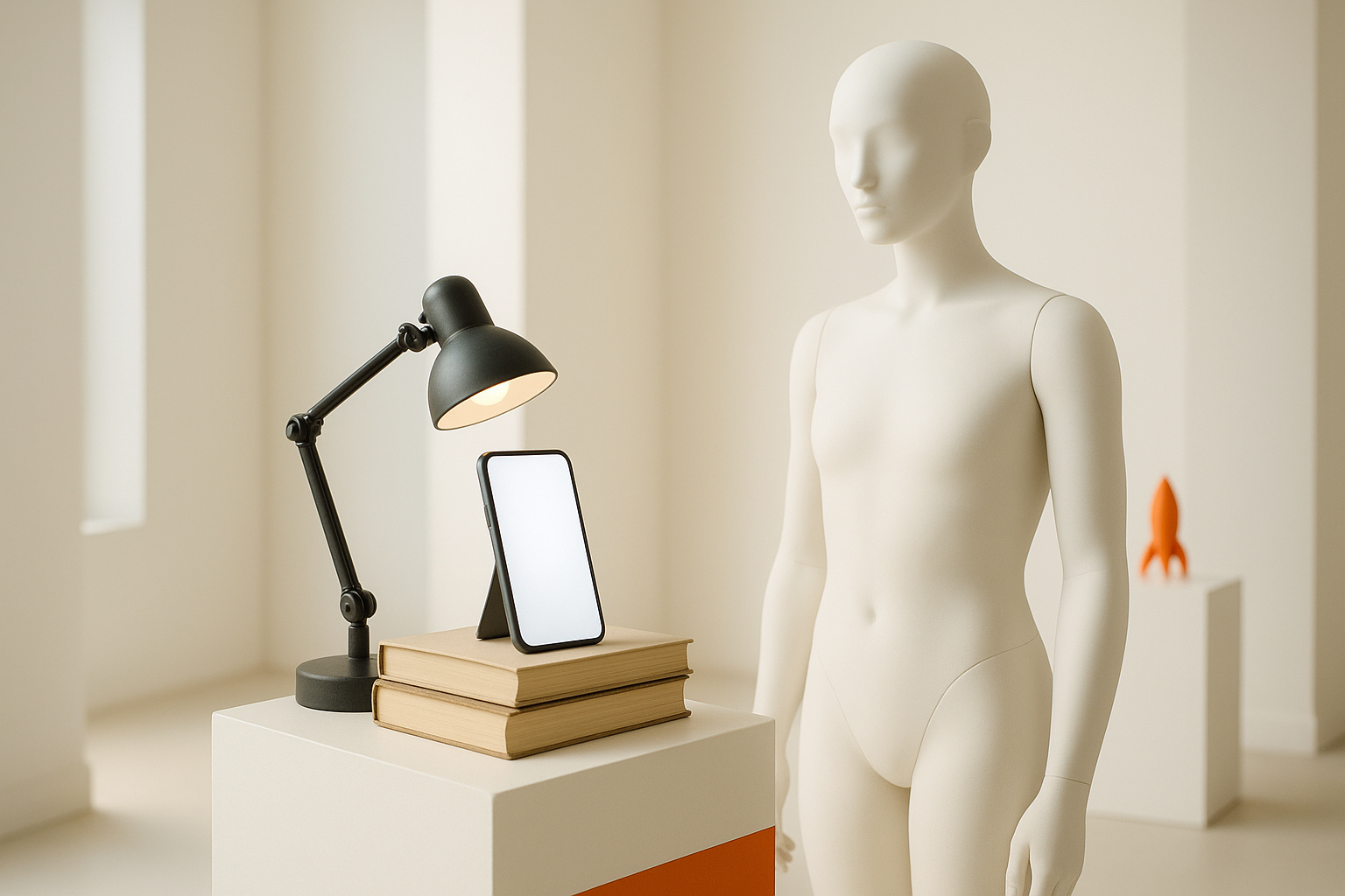A phone leaning on books with a desk lamp, displayed on a pedestal in a bright space