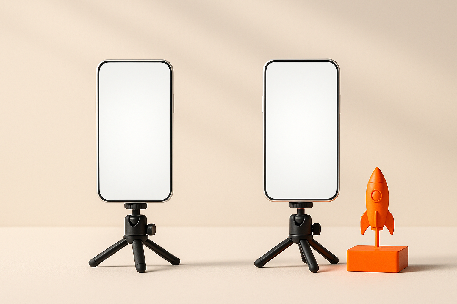 Two matching phone-on-tripod scenes, one raised on an orange platform