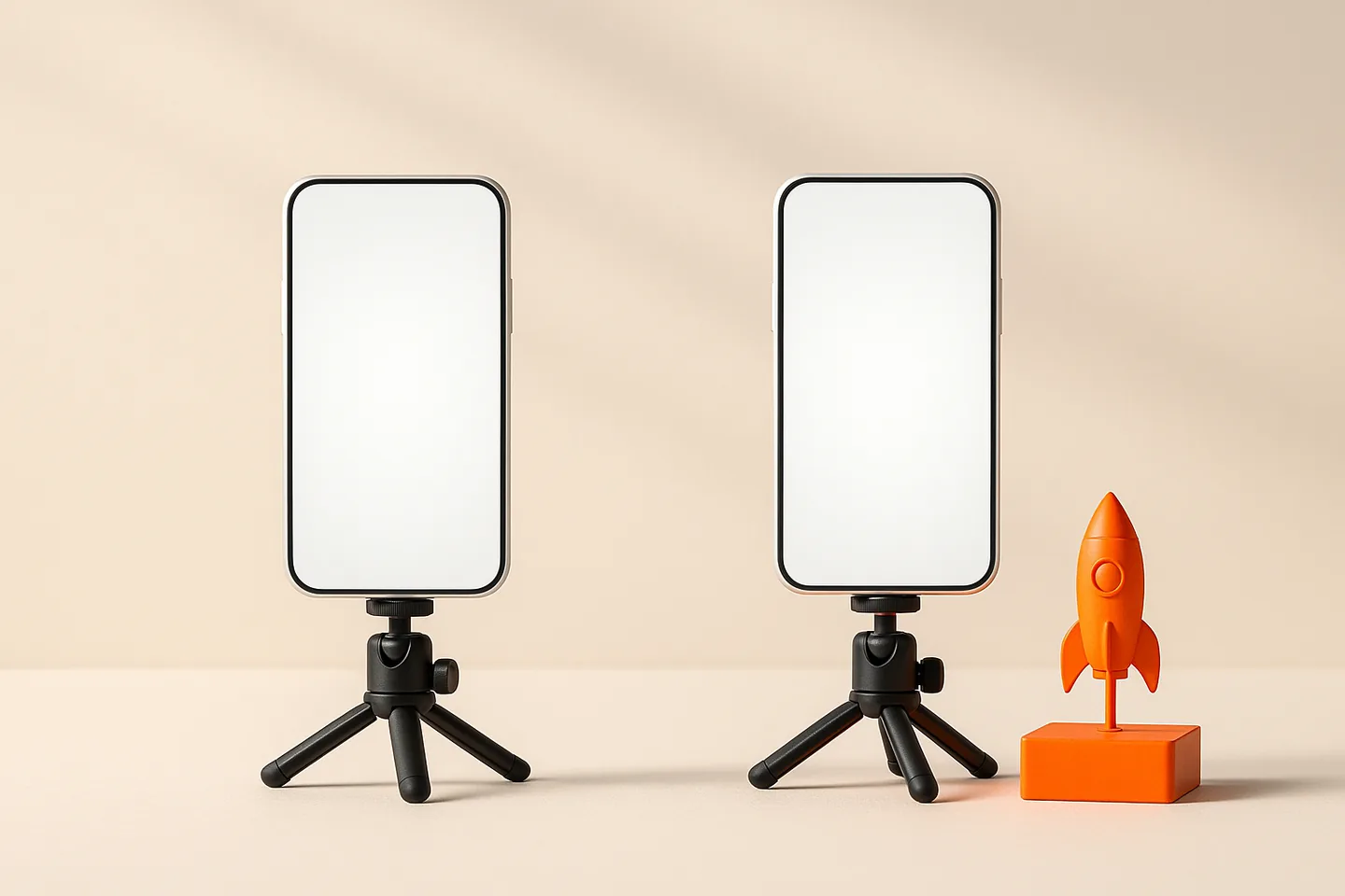 Two matching phone-on-tripod scenes, one raised on an orange platform