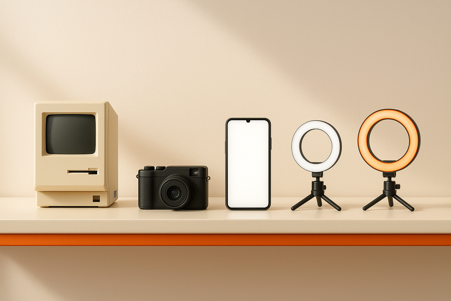 Old computer, compact camera, smartphone and ring light lined up on a bright shelf