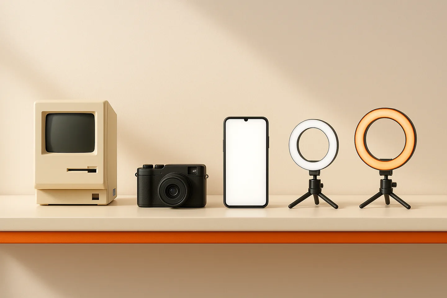 Old computer, compact camera, smartphone and ring light lined up on a bright shelf