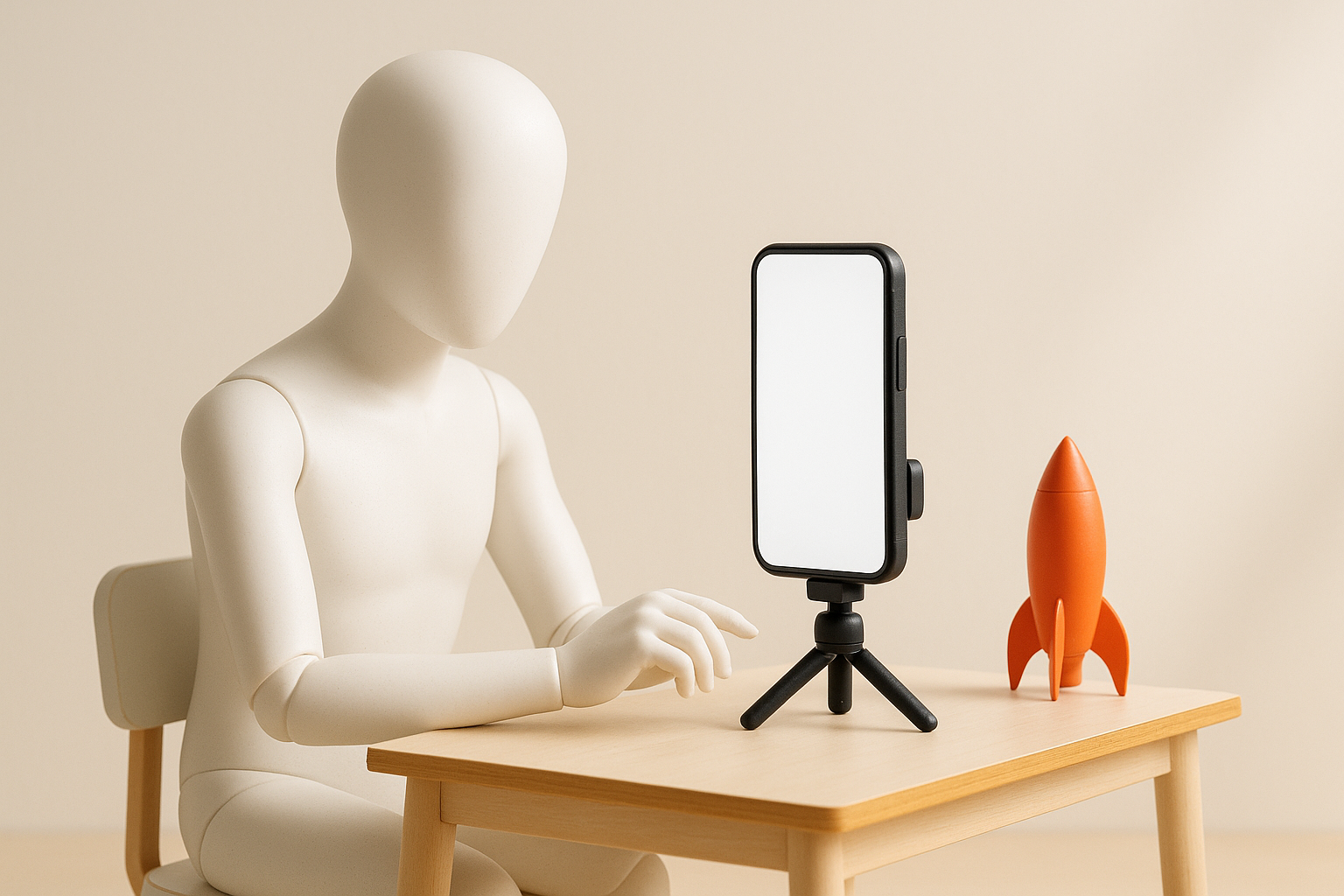 Mannequin at a small desk recording setup with a phone facing it and an orange rocket model