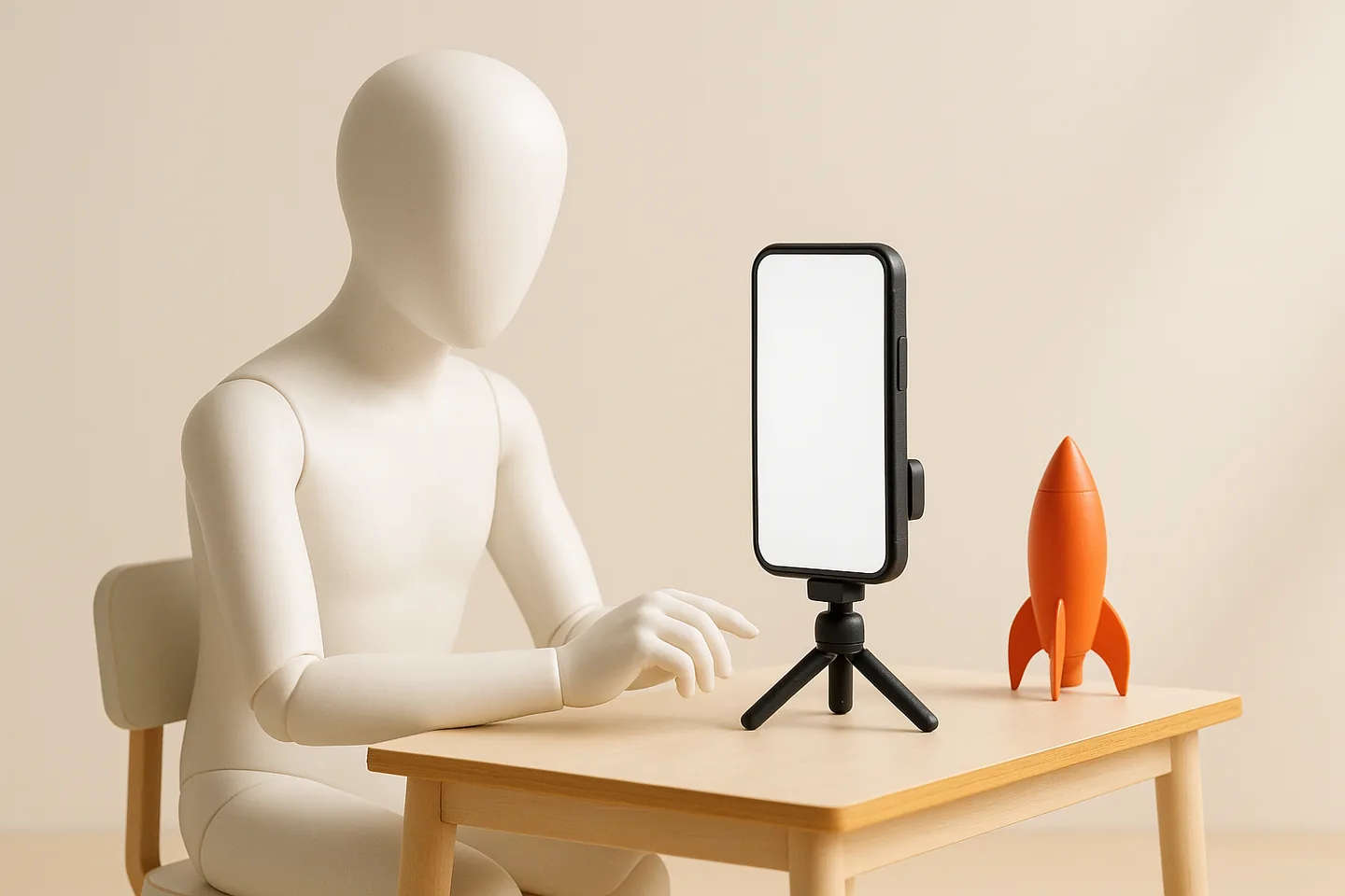 Mannequin at a small desk recording setup with a phone facing it and an orange rocket model